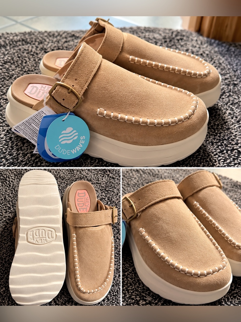 Hey Dude Tan Suede Mule with White Platform Sole